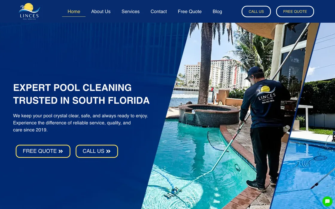 Site da Linces Pool Services, limpeza de piscina no sul da Flórida