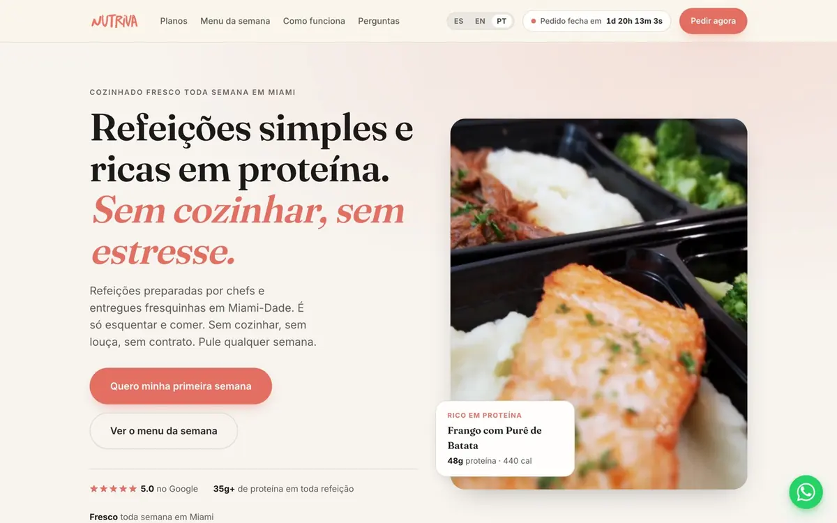 Site da Nutriva Meals, com foto de refeição, seletor de idioma e botão de pedido