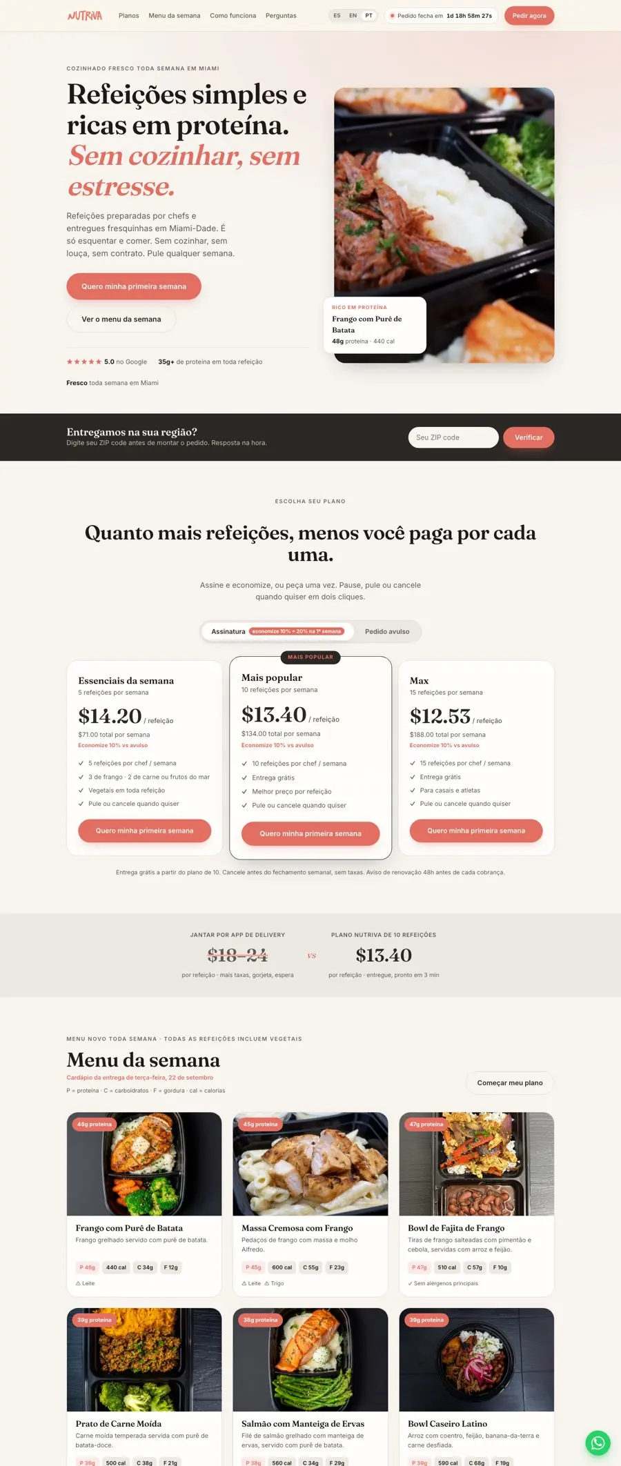 Site da Nutriva Meals, entrega de refeições em Miami
